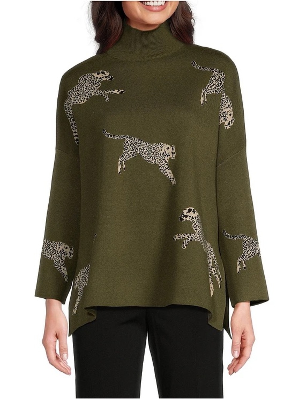 Ali Miles Olive Green Cheetah Print Turtleneck Sweater